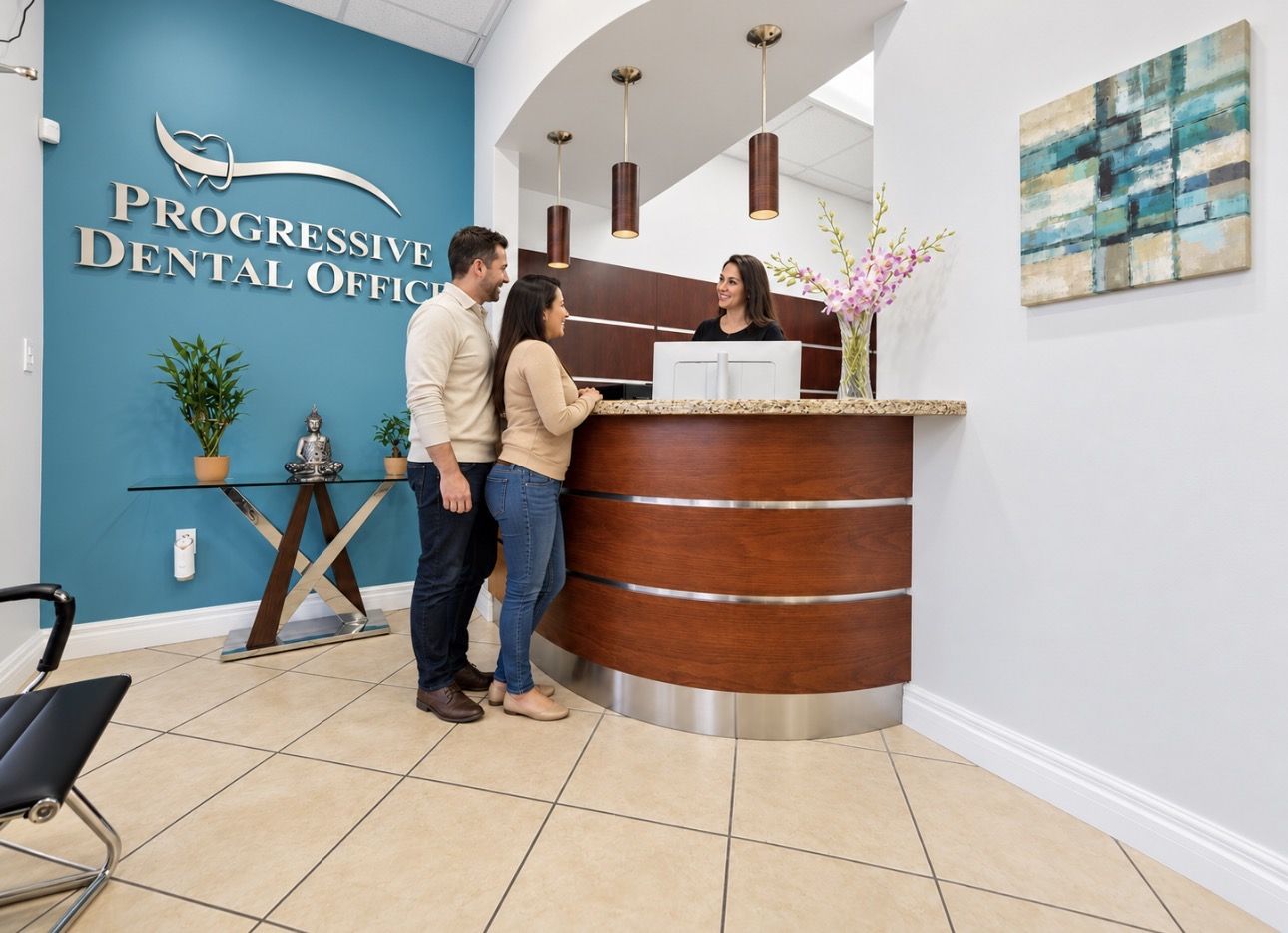 Patients checking in at the Progressive Dental Office front desk